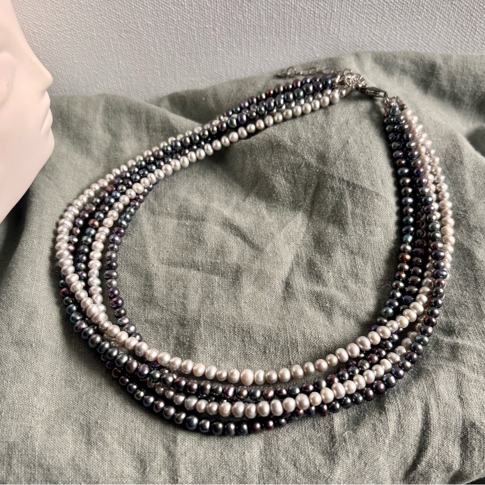 Multi-Strand Faux Pearl Necklace in White and Iridescent Black